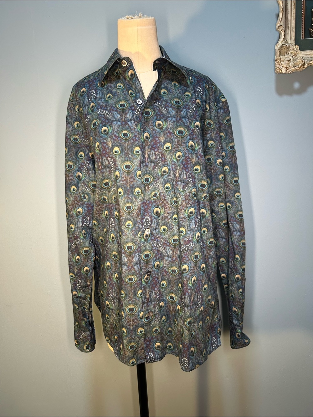 Men's Peacock-Pattern Long Sleeve Dress Shirt